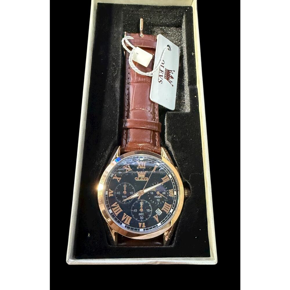 OLEVS Men's Luxury Chronograph Quartz Watch Rose Gold Case Brown Leather Strap